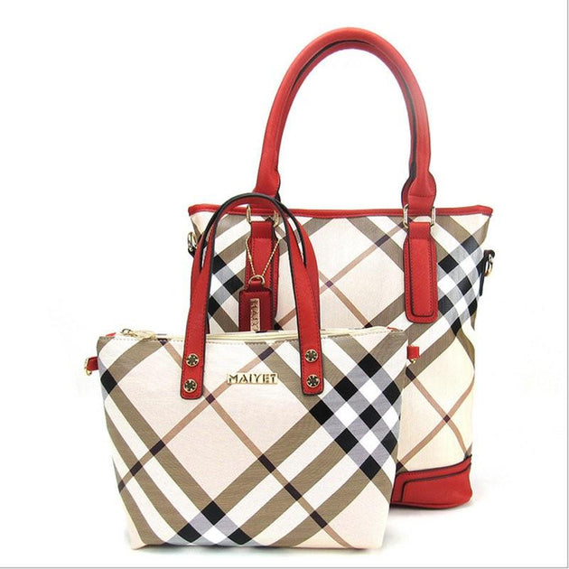 Women's 2 Peice Plaid Bag Set 3 Color Options - TrendSettingFashions 