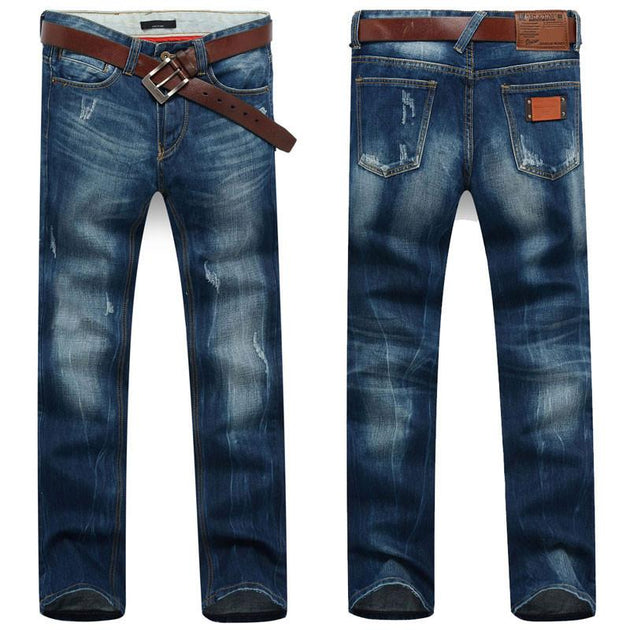 Men's Dark Blue Straight Jeans With Small Rips - TrendSettingFashions 