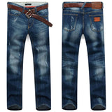 Men's Dark Blue Straight Jeans With Small Rips - TrendSettingFashions 