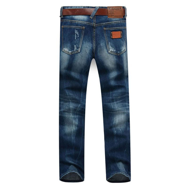 Men's Dark Blue Straight Jeans With Small Rips - TrendSettingFashions 