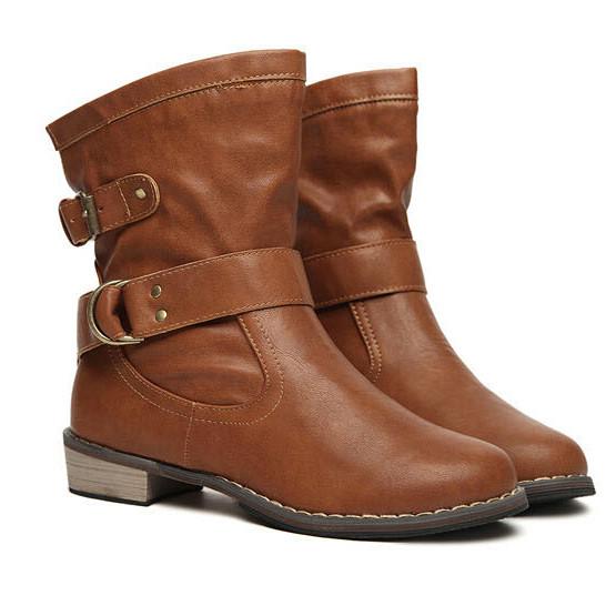 Women Vintage Leather Buckle Boots In Black or Brown - TrendSettingFashions 